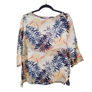 Chico's 1 Linen Blend Tropical Leaf Print Sleeve Shirt Top 8-10 Non Iron